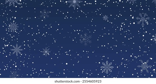 Winter background snowfall and snowflakes. Magical heavy snowflakes backdrop. Snowstorm speck ice particles. Snowfall sky white teal blue wallpaper. Frosty landscape snowflakes on a blue background