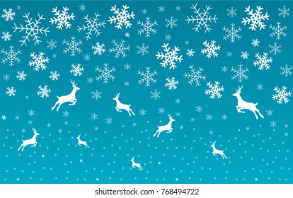 Winter background with snowflake and deer. Blue holiday banner. Merry Christmas and Happy New Year concept. Vector design illustration. 2018.