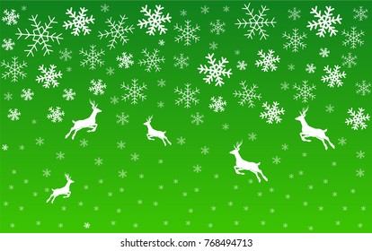Winter background with snowflake and deer. Green holiday banner. Merry Christmas and Happy New Year concept. Vector design illustration. 2018.