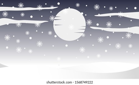 Winter background with snowflake, hill and moon. Wallpaper backdrop wintry season with soft snowfall for promotion, advertising, event and publication needs. Vector design illustration.