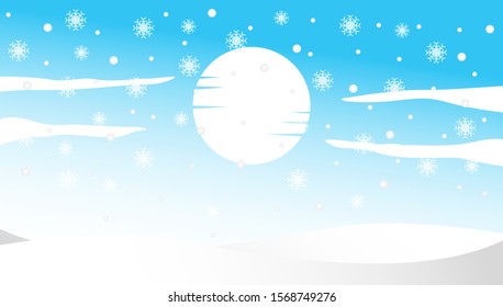 Winter background with snowflake, hill and moon. Wallpaper backdrop wintry season with soft snowfall for promotion, advertising, event and publication needs. Vector design illustration.