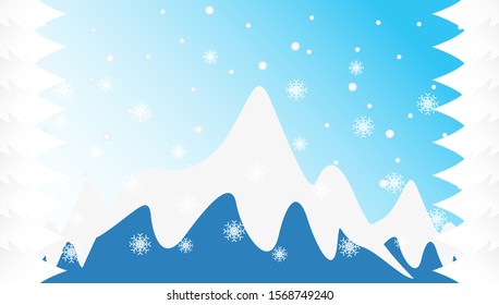 Winter background with snowflake and mountain. Wallpaper backdrop wintry season with soft snowfall for promotion, advertising, event and publication needs. Vector design illustration.