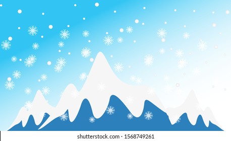 Winter background with snowflake and mountain. Wallpaper backdrop wintry season with soft snowfall for promotion, advertising, event and publication needs. Vector design illustration.