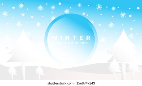 Winter background with snowflake, tree, hill and light effect. Wallpaper backdrop wintry season with soft snowfall for promotion, advertising, event and publication needs. Vector design illustration.