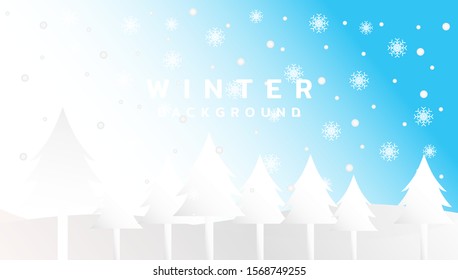 Winter background with snowflake, tree, hill and light effect. Wallpaper backdrop wintry season with soft snowfall for promotion, advertising, event and publication needs. Vector design illustration.