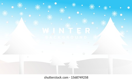 Winter background with snowflake, tree, hill and light effect. Wallpaper backdrop wintry season with soft snowfall for promotion, advertising, event and publication needs. Vector design illustration.