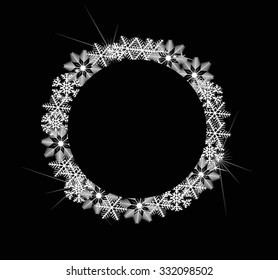 Winter background with snowflakes around circle on black back. Fully editable vector.