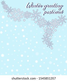 Winter background with snowflakes and blur dots. Vector illustration in light blue color for holidays. Banner template cover of greeting card.