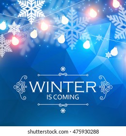 Fondo de invierno. Copos de nieve y diseño Bokeh. Fondo de pantalla de temporada. Navidades y Ilustración vectorial de Nuevo Año