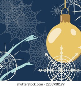 winter background with snowflakes brush strokes and a golden Christmas ball