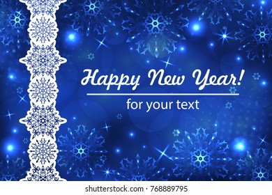 Winter background with snowflakes. Christmas Greeting Card. New Year background with space for your text. Winter template. Christmas backdrop. New Year flyer.