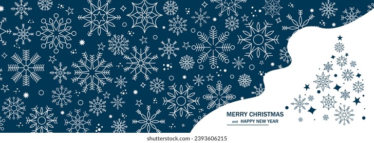 Winter background with snowflakes. Christmas tree. Christmas background for greeting card. New year and Christmas greeting card. Blue background. Vector illustration