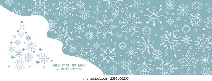 Winter background with snowflakes. Christmas tree. Christmas background for greeting card. New year and Christmas greeting card. Blue background. Vector illustration