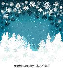 Winter background with snowflakes and Christmas trees
