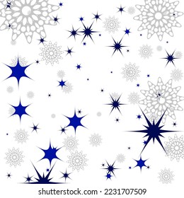 Winter background of snowflakes and decorative stars on a white background, falling decor elements