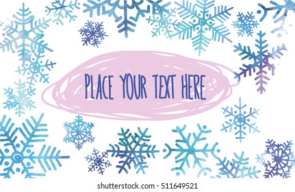 Winter background. Snowflakes. Designer blank for text.  freehand drawing and watercolor drops.