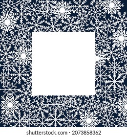 Winter background with snowflakes of different shapes and sizes. Vector illustration of design elements for greeting cards, posters, wallpaper, surface, web design, textile, decor, print.