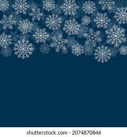 Fondo invernal con copos de nieve de diferentes formas y tamaños. Ilustración vectorial de elementos de diseño para tarjetas de felicitación, carteles, papel tapiz, superficie, diseño web, textil, decoración, impresión.