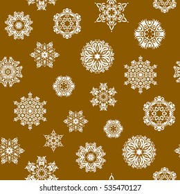 Winter background with snowflakes and dots. Vector seamless pattern on brown background.