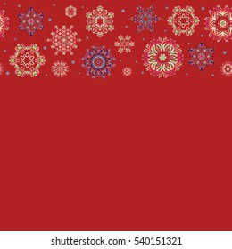 Winter background with snowflakes and dots. Vector seamless pattern on red background.