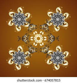 Winter background with snowflakes and dots. Vector seamless pattern on brown background.