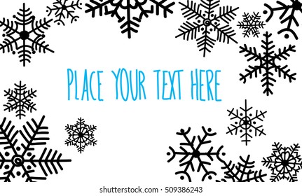 Winter background. Snowflakes, freehand drawing. simple, a child's drawing. Designer blank for text.