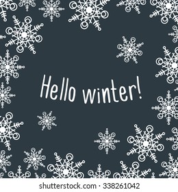 Winter background with snowflakes. Hand drawing with chalk on a blackboard. Sketch, design elements. Christmas, New Year. Vector illustration.