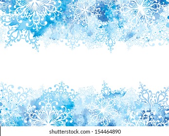Winter background with snowflakes and hand drawn watercolor elements