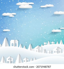 Fondo De Invierno Con Copos De Nieve Con Casas Con Malla Gradiente, Ilustración Vectorial