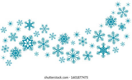 Winter Background With Snowflakes. Isolated Elements In Wave Shape On White Background. Ice Cold Blue Color Snow Set. Christmas Icons Collection. Decorative Design New Year Elements. Abstract Vector I