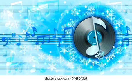 Winter Background With Snowflakes, Notes And Vinyl Record. It Can Be Used As Invitation Card To A Music Festival Or Concert.