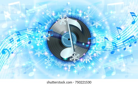 Winter background with snowflakes, notes and vinyl record. Winter concert poster or banner.