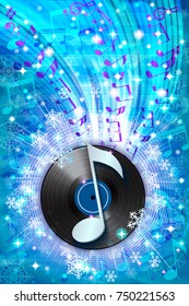 Winter background with snowflakes, notes and vinyl record. Winter concert poster or banner.