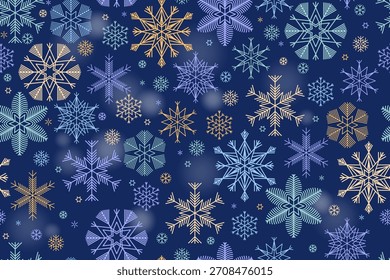 Fundo de inverno, flocos de neve em um fundo azul escuro bonito, fundo de Natal para cartões de saudação, queda de neve. Vetor
