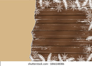 Fondo invernal con copos de nieve sobre fondo de madera oscura con hoja de papel. Colocar el texto. Excelente para Feliz Navidad y Año Nuevo, invitación, venta de invierno. Ilustración vectorial.