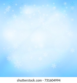 Winter background with snowflakes on light blue backdrop. Vector illustration for Christmas cards, banners, wallpapers,