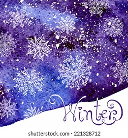 Winter background with snowflakes. Painting. Watercolor splash. Vector illustration. 
