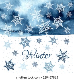 Winter background with snowflakes. Painting. Watercolor splash.