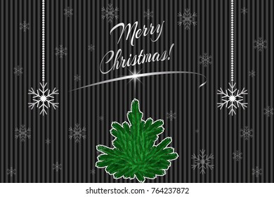 Winter background with snowflakes pattern, silver decorations and fir-tree. Vector illustration EPS10 for Christmas or New Year card