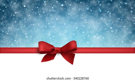 Winter background with snowflakes and place for text. Christmas blue defocused vector illustration with red bow.