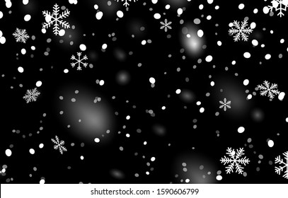 Winter background with snowflakes and realistic snow. Snow fall isolated on black. Vector illustration.