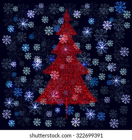 Winter background with snowflakes and red doodle spruce tree. Vector illustration.