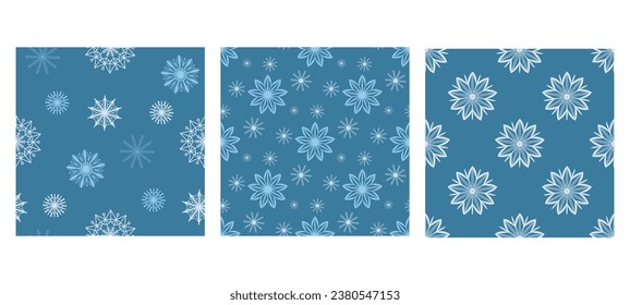 Winterhintergrund mit Schneeflocken-Set. Schönes, verschneit nahtloses Muster. Jahreszeitdruck mit kalten Kristallen für Textil, Papier, Gewebe, Verpackung und Design, Vektorgrafik