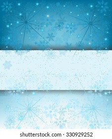 Winter background with snowflakes and snow with blank space in the center. Cool colors and fully editable vector.