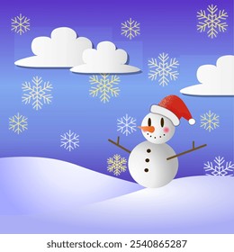 Winter background with snowflakes and snowman.Winter background with a snowman standing in a snowy field.Winter background for Christmas.