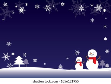 Winter background with snowflakes and snowmen.Winter background with a snowman standing in a snowy field.Winter background for Christmas.