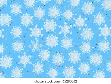 Winter background of snowflakes and stars arranged in a spiral.