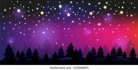 Winter background with snowflakes, stars and fir-trees. Night landscape. New Year's congratulatory flyer.