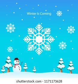 Winter background with snowman and christmas tree