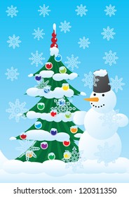 Winter background with a snowman and Christmas tree